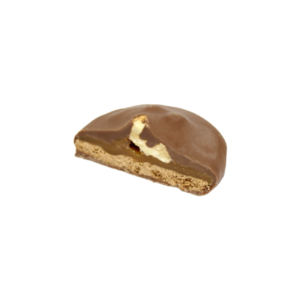 Milk chocolate filled with biscuit, caramel topped with walnut pican